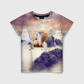 Детская футболка 3D с принтом Sea Sunset Horse в Новосибирске, 100% гипоаллергенный полиэфир | прямой крой, круглый вырез горловины, длина до линии бедер, чуть спущенное плечо, ткань немного тянется | вечернее небо | закат | конь | крылатый | крылья | легенды | летающий | лошадь | мистический | мифология | мифы | море | морской | облака | облачность | пегас | плед | погода | подушка | скалы | сумка