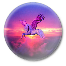 Значок с принтом Dusk Sky Horse в Новосибирске,  металл | круглая форма, металлическая застежка в виде булавки | высота | закат | конь | крылья | легенды | летать | летающий | лошадь | мистический | мифология | мифы | небесный | небо | облака | облач | пегас | плед | подушка | полет | пурпурный | сумерки | сумка