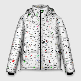Мужская зимняя куртка 3D с принтом Rolbox лица в Новосибирске, верх — 100% полиэстер; подкладка — 100% полиэстер; утеплитель — 100% полиэстер | длина ниже бедра, свободный силуэт Оверсайз. Есть воротник-стойка, отстегивающийся капюшон и ветрозащитная планка. 

Боковые карманы с листочкой на кнопках и внутренний карман на молнии. | Тематика изображения на принте: face | игра | лицо | паттерн | персонажи | ролбокс