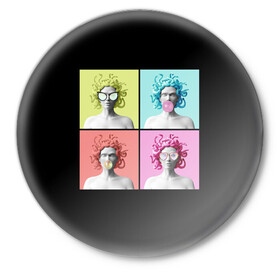 Значок с принтом Медуза Горгона Pop Art в Новосибирске,  металл | круглая форма, металлическая застежка в виде булавки | 8 марта | бизнес леди | в очках | девушка в очках | девушке | жвачка | жене | женский день | женский праздник | женское лицо | кружка | легенда | лицо | любимой | медуза | мифология | монстр | опасная