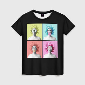 Женская футболка 3D с принтом Медуза Горгона Pop Art в Новосибирске, 100% полиэфир ( синтетическое хлопкоподобное полотно) | прямой крой, круглый вырез горловины, длина до линии бедер | 8 марта | бизнес леди | в очках | девушка в очках | девушке | жвачка | жене | женский день | женский праздник | женское лицо | кружка | легенда | лицо | любимой | медуза | мифология | монстр | опасная