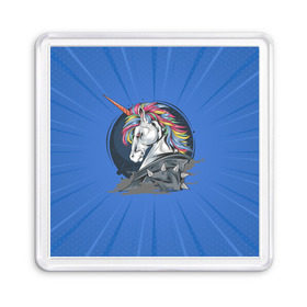 Магнит 55*55 с принтом Единорог Rock в Новосибирске, Пластик | Размер: 65*65 мм; Размер печати: 55*55 мм | rock | единорог | единорог рокер | кожанка | конь | лошадь | многоцветный | радуга | рог | рок | шипы