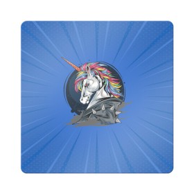 Магнит виниловый Квадрат с принтом Единорог Rock в Новосибирске, полимерный материал с магнитным слоем | размер 9*9 см, закругленные углы | rock | единорог | единорог рокер | кожанка | конь | лошадь | многоцветный | радуга | рог | рок | шипы