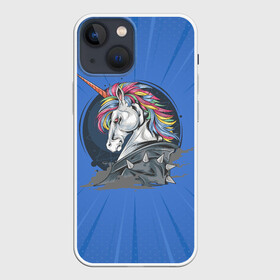 Чехол для iPhone 13 mini с принтом Единорог Rock в Новосибирске,  |  | rock | единорог | единорог рокер | кожанка | конь | лошадь | многоцветный | радуга | рог | рок | шипы