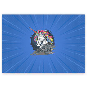 Поздравительная открытка с принтом Единорог Rock в Новосибирске, 100% бумага | плотность бумаги 280 г/м2, матовая, на обратной стороне линовка и место для марки
 | rock | единорог | единорог рокер | кожанка | конь | лошадь | многоцветный | радуга | рог | рок | шипы