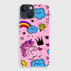 Чехол для iPhone 13 mini с принтом Единороги в Новосибирске,  |  | pink | единорог | единорожки | звезда | корона | лето | лошадка | лошадь | надпись | облака | радуга | радужный | сердечки | символы