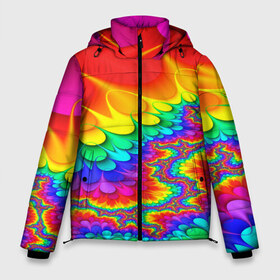 Мужская зимняя куртка 3D с принтом TIE-DYE в Новосибирске, верх — 100% полиэстер; подкладка — 100% полиэстер; утеплитель — 100% полиэстер | длина ниже бедра, свободный силуэт Оверсайз. Есть воротник-стойка, отстегивающийся капюшон и ветрозащитная планка. 

Боковые карманы с листочкой на кнопках и внутренний карман на молнии. | Тематика изображения на принте: abstract | abstraction | color | fractal | geometry | paitnt | polygon | polygonal | psy | абстракция | геометрия | краски | неоновые | полигоны | психоделика | фрактал