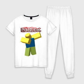 Женская пижама хлопок с принтом Roblox Dab в Новосибирске, 100% хлопок | брюки и футболка прямого кроя, без карманов, на брюках мягкая резинка на поясе и по низу штанин | game | game roblox | logo roblox | online game | oof roblox dabbing | roblox | roblox dab | roblox noob | игра | игра роблокс | лого роблокс | онлайн игра | онлайн игра роблокс | роблокс | роблокс даб