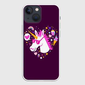 Чехол для iPhone 13 mini с принтом Единорог в Новосибирске,  |  | animal | girl | stars | волшебство | голова | детская | детям | единорог | животное | животные | лошадка | лошадь | любовь | миф | очки | прикольная | радуга | ребенку | рога | сердечко | сердце | сказочный
