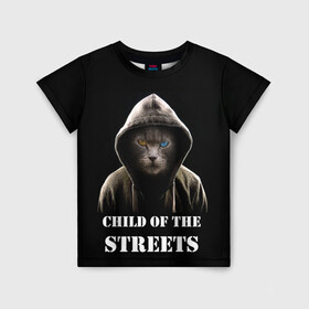 Детская футболка 3D с принтом Дитя улиц в Новосибирске, 100% гипоаллергенный полиэфир | прямой крой, круглый вырез горловины, длина до линии бедер, чуть спущенное плечо, ткань немного тянется | cat | gangster | балахон | глаза | дитя улиц | кот | котик | крутой | крутой принт | принт | с надписью | топ | тренд