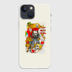 Чехол для iPhone 13 mini с принтом Пират в Новосибирске,  |  | art | pirate | skull | арт | борода | дым | капитан | кости | костюм | листья | море | моряк | надпись | нож | оружие | пират | пистолет | попугай | прикольная | птица | череп