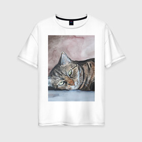 Женская футболка хлопок Oversize с принтом Барсик в Новосибирске, 100% хлопок | свободный крой, круглый ворот, спущенный рукав, длина до линии бедер
 | полосатый кот. рисунок акварелью