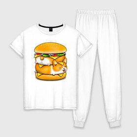 Женская пижама хлопок с принтом Корги в Новосибирске, 100% хлопок | брюки и футболка прямого кроя, без карманов, на брюках мягкая резинка на поясе и по низу штанин | art | burger | chees | corgi | dog | арт | бургер | еда | корги | миска | собака | сыр | чизбургер