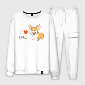 Мужской костюм хлопок с принтом I LOVE CORGI в Новосибирске, 100% хлопок | на свитшоте круглая горловина, мягкая резинка по низу. Брюки заужены к низу, на них два вида карманов: два “обычных” по бокам и два объемных, с клапанами, расположенные ниже линии бедра. Брюки с мягкой трикотажной резинкой на поясе и по низу штанин. В поясе для дополнительного комфорта — широкие завязки | animals | corgi | dogs | pets | puppies | queen | животные | корги | королева | песики | питомцы | собаки | щенки