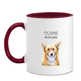 Кружка двухцветная с принтом Corgi is my Love в Новосибирске, керамика | объем — 330 мл, диаметр — 80 мм. Цветная ручка и кайма сверху, в некоторых цветах — вся внутренняя часть | corgi | corgi is my love | корги | собака