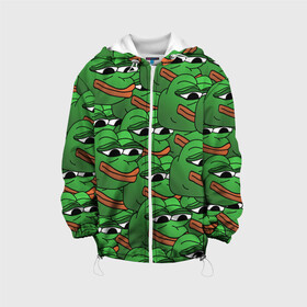 Детская куртка 3D с принтом Pepe The Frog в Новосибирске, 100% полиэстер | застежка — молния, подол и капюшон оформлены резинкой с фиксаторами, по бокам — два кармана без застежек, один потайной карман на груди, плотность верхнего слоя — 90 г/м2; плотность флисового подклада — 260 г/м2 | Тематика изображения на принте: frog | meme | memes | pepe | pepe the frog | грустная жабка | лягушка | лягушонок пепе | мем | мемы