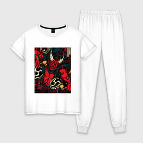 Женская пижама хлопок с принтом God of thunder в Новосибирске, 100% хлопок | брюки и футболка прямого кроя, без карманов, на брюках мягкая резинка на поясе и по низу штанин | art | demon | god | japan | monster | shinto | арт | бог | демон | иллюстрация | монстр | япония | японский