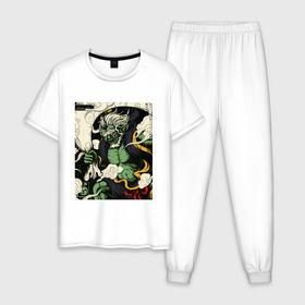 Мужская пижама хлопок с принтом God of wind в Новосибирске, 100% хлопок | брюки и футболка прямого кроя, без карманов, на брюках мягкая резинка на поясе и по низу штанин
 | Тематика изображения на принте: art | demon | god | japan | monster | shinto | арт | бог | демон | иллюстрация | монстр | япония | японский