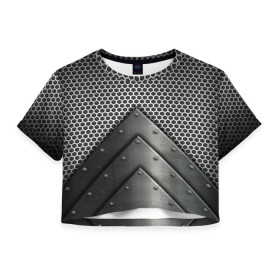 Женская футболка Crop-top 3D с принтом Броня металлическая в Новосибирске, 100% полиэстер | круглая горловина, длина футболки до линии талии, рукава с отворотами | абстракция | броня | геометрия | железо | кольчуга | конус | круги | линии | металл | полосы | сетка | сталь | текстура | треугольник