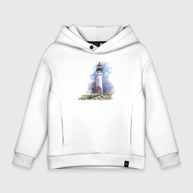 Детское худи Oversize хлопок с принтом Crisp Point Lighthouse в Новосибирске, френч-терри — 70% хлопок, 30% полиэстер. Мягкий теплый начес внутри —100% хлопок | боковые карманы, эластичные манжеты и нижняя кромка, капюшон на магнитной кнопке | art | katie batz | lighthouse | достопримечательности | маяк | море | отдых | пляж | туристы