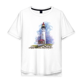 Мужская футболка хлопок Oversize с принтом Crisp Point Lighthouse в Новосибирске, 100% хлопок | свободный крой, круглый ворот, “спинка” длиннее передней части | art | katie batz | lighthouse | достопримечательности | маяк | море | отдых | пляж | туристы