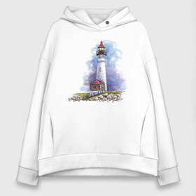 Женское худи Oversize хлопок с принтом Crisp Point Lighthouse в Новосибирске, френч-терри — 70% хлопок, 30% полиэстер. Мягкий теплый начес внутри —100% хлопок | боковые карманы, эластичные манжеты и нижняя кромка, капюшон на магнитной кнопке | art | katie batz | lighthouse | достопримечательности | маяк | море | отдых | пляж | туристы