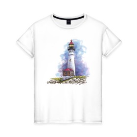 Женская футболка хлопок с принтом Crisp Point Lighthouse в Новосибирске, 100% хлопок | прямой крой, круглый вырез горловины, длина до линии бедер, слегка спущенное плечо | art | katie batz | lighthouse | достопримечательности | маяк | море | отдых | пляж | туристы