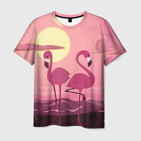Мужская футболка 3D с принтом фламинго в Новосибирске, 100% полиэфир | прямой крой, круглый вырез горловины, длина до линии бедер | flamingo | pink | арт | животные | искусство | картина | пейзаж | природа | пруд | рисунок | розовый | фламинго