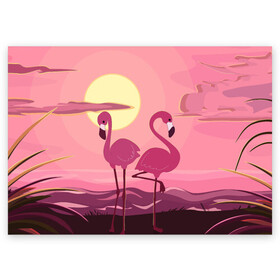 Поздравительная открытка с принтом фламинго в Новосибирске, 100% бумага | плотность бумаги 280 г/м2, матовая, на обратной стороне линовка и место для марки
 | flamingo | pink | арт | животные | искусство | картина | пейзаж | природа | пруд | рисунок | розовый | фламинго