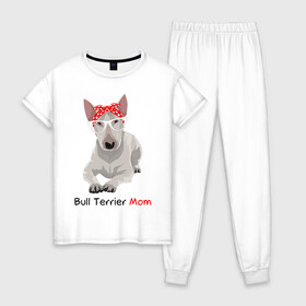 Женская пижама хлопок с принтом Bull terrier Mom в Новосибирске, 100% хлопок | брюки и футболка прямого кроя, без карманов, на брюках мягкая резинка на поясе и по низу штанин | бультерьер | собака | собачник