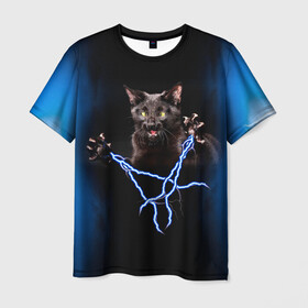 Мужская футболка 3D с принтом Грозовой кошак(громовержец) в Новосибирске, 100% полиэфир | прямой крой, круглый вырез горловины, длина до линии бедер | грозовой | громовержец | кот | кошак | молнии | разряды | черный