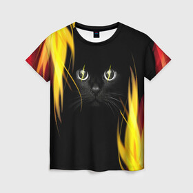 Женская футболка 3D с принтом Грозовой кошак в Новосибирске, 100% полиэфир ( синтетическое хлопкоподобное полотно) | прямой крой, круглый вырез горловины, длина до линии бедер | глаза | грозовой | кот | кошак | молнии | пламя | разряды | черный