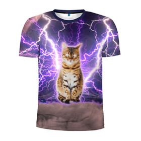Мужская футболка 3D спортивная с принтом Котушка Теслы в Новосибирске, 100% полиэстер с улучшенными характеристиками | приталенный силуэт, круглая горловина, широкие плечи, сужается к линии бедра | cat | lightning | lightning cat | tesla | арт с котом | грозовой кошак | катушка теслы | кот | кот мем | котейка | котушка теслы | котяра | кошак | кошка | мем с котом | молнии | тесла