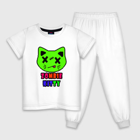 Детская пижама хлопок с принтом Zombie Kitty в Новосибирске, 100% хлопок |  брюки и футболка прямого кроя, без карманов, на брюках мягкая резинка на поясе и по низу штанин
 | Тематика изображения на принте: зомби | каваи | кислота | кот | котик | кошка | милый | монстр | пиксельный арт | радуга | яркий