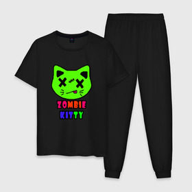 Мужская пижама хлопок с принтом Zombie Kitty в Новосибирске, 100% хлопок | брюки и футболка прямого кроя, без карманов, на брюках мягкая резинка на поясе и по низу штанин
 | Тематика изображения на принте: зомби | каваи | кислота | кот | котик | кошка | милый | монстр | пиксельный арт | радуга | яркий