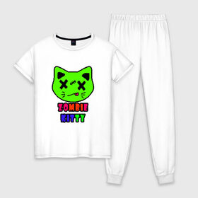 Женская пижама хлопок с принтом Zombie Kitty в Новосибирске, 100% хлопок | брюки и футболка прямого кроя, без карманов, на брюках мягкая резинка на поясе и по низу штанин | Тематика изображения на принте: зомби | каваи | кислота | кот | котик | кошка | милый | монстр | пиксельный арт | радуга | яркий