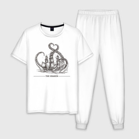 Мужская пижама хлопок с принтом Морской монстр Кракен, Kraken в Новосибирске, 100% хлопок | брюки и футболка прямого кроя, без карманов, на брюках мягкая резинка на поясе и по низу штанин
 | 