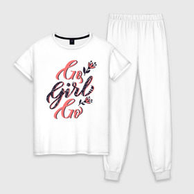 Женская пижама хлопок с принтом Go Girl Go в Новосибирске, 100% хлопок | брюки и футболка прямого кроя, без карманов, на брюках мягкая резинка на поясе и по низу штанин | 8 марта | fem | feminism | feminist | девочки | девушки | женщины | феминизм | феминист | фемистка