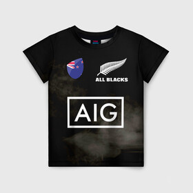 Детская футболка 3D с принтом ALL BLACKS в Новосибирске, 100% гипоаллергенный полиэфир | прямой крой, круглый вырез горловины, длина до линии бедер, чуть спущенное плечо, ткань немного тянется | all blacks | new zealandd | rugby | новая зеландия | олл блэкс | регби | хака