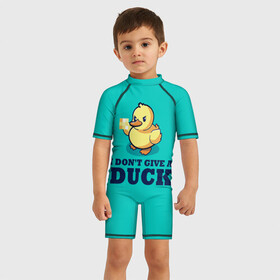 Детский купальный костюм 3D с принтом Утёнок в Новосибирске, Полиэстер 85%, Спандекс 15% | застежка на молнии на спине | i do not give | i dont give a duck | mem | злая утка | мем | мне плевать | мне плевать на утку | смешная надпись | стеб | утенок | утка | уточка