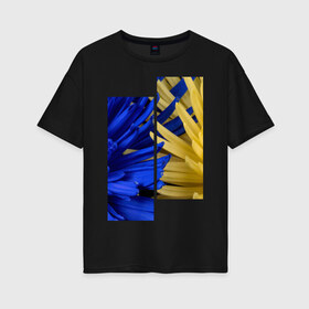 Женская футболка хлопок Oversize с принтом Украинский акцент в Новосибирске, 100% хлопок | свободный крой, круглый ворот, спущенный рукав, длина до линии бедер
 | жёлтый | намёк | пионы | синий | украина | украинский флаг | флаг | цвет | цвет флага | цветы
