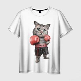 Мужская футболка 3D с принтом Кот боксёр  в Новосибирске, 100% полиэфир | прямой крой, круглый вырез горловины, длина до линии бедер | арт | животные | искусство | картинка | рисунок