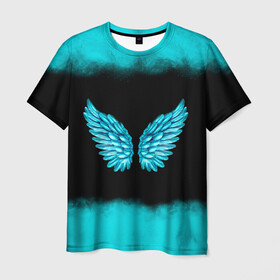 Мужская футболка 3D с принтом Крылья Ангела в Новосибирске, 100% полиэфир | прямой крой, круглый вырез горловины, длина до линии бедер | angel | neon | ангел | дым | космос | крылья | небо | неон | неоновый | облака | перья | птица | свет | текстура | туман | яркий