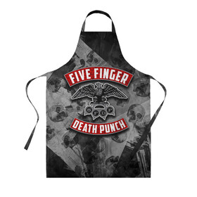 Фартук 3D с принтом Five Finger Death Punch в Новосибирске, 100% полиэстер | общий размер — 65 х 85 см, ширина нагрудника — 26 см, горловина — 53 см, длина завязок — 54 см, общий обхват в поясе — 173 см. Принт на завязках и на горловине наносится с двух сторон, на основной части фартука — только с внешней стороны | 5fdp | death | ffdp | finger | five | five finger death punch | punch | грув метал