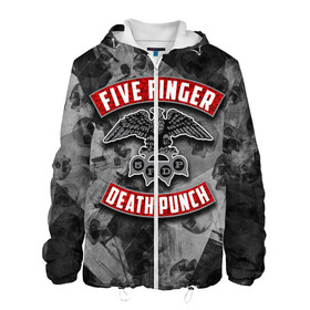 Мужская куртка 3D с принтом Five Finger Death Punch в Новосибирске, ткань верха — 100% полиэстер, подклад — флис | прямой крой, подол и капюшон оформлены резинкой с фиксаторами, два кармана без застежек по бокам, один большой потайной карман на груди. Карман на груди застегивается на липучку | Тематика изображения на принте: 5fdp | death | ffdp | finger | five | five finger death punch | punch | грув метал