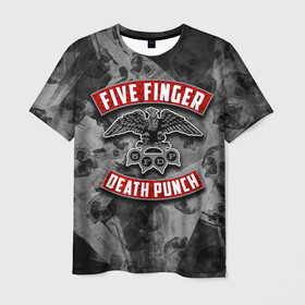 Мужская футболка 3D с принтом Five Finger Death Punch в Новосибирске, 100% полиэфир | прямой крой, круглый вырез горловины, длина до линии бедер | Тематика изображения на принте: 5fdp | death | ffdp | finger | five | five finger death punch | punch | грув метал