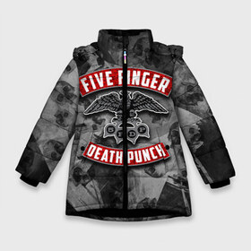 Зимняя куртка для девочек 3D с принтом Five Finger Death Punch в Новосибирске, ткань верха — 100% полиэстер; подклад — 100% полиэстер, утеплитель — 100% полиэстер. | длина ниже бедра, удлиненная спинка, воротник стойка и отстегивающийся капюшон. Есть боковые карманы с листочкой на кнопках, утяжки по низу изделия и внутренний карман на молнии. 

Предусмотрены светоотражающий принт на спинке, радужный светоотражающий элемент на пуллере молнии и на резинке для утяжки. | 5fdp | death | ffdp | finger | five | five finger death punch | punch | грув метал