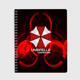 Тетрадь с принтом Umbrella Corp в Новосибирске, 100% бумага | 48 листов, плотность листов — 60 г/м2, плотность картонной обложки — 250 г/м2. Листы скреплены сбоку удобной пружинной спиралью. Уголки страниц и обложки скругленные. Цвет линий — светло-серый
 | biohazard | biohazard 7 | crocodile | fang | game | hand | monster | new umbrella | resident evil | resident evil 7 | umbrella | umbrella corp | umbrella corporation | zombie | обитель