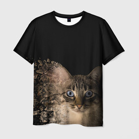 Мужская футболка 3D с принтом Disintegrating Cat в Новосибирске, 100% полиэфир | прямой крой, круглый вырез горловины, длина до линии бедер | cat | азулес | атомный кот | голубоглазая кошка | голубоглазый кот | голубоглазый котик | кот | кот к | кот распадающийся на атомы | кот с голубыми глазами | котик | котэ | кошак | кошачий портрет