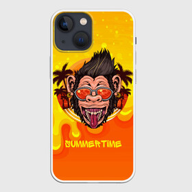 Чехол для iPhone 13 mini с принтом summertime обезьяна в Новосибирске,  |  | monkey | summertime | брызги | краски | летняя | лето | обезьяна | пальмы | солнце